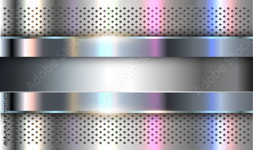 Metallic silver background with opalescent pearl colors, interesting metal background with perforated texture.