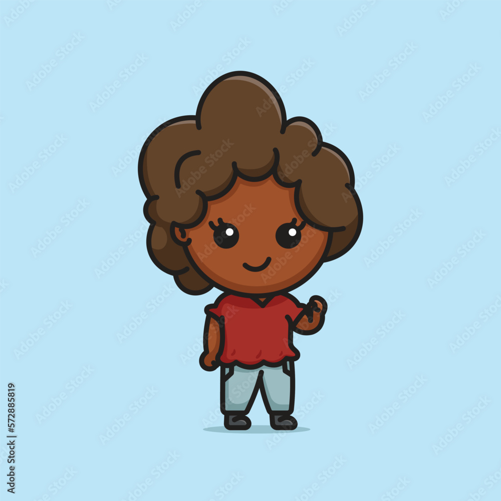 Cute beautiful dark skinned woman with frizzy afro brown hair fist up cartoon character illustration vector isolated