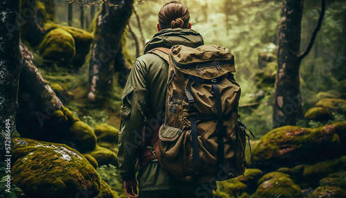 close up back of tourist with backpack in forest, AI generative