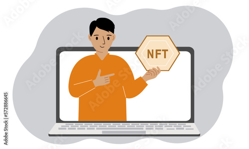 NFT concept. A laptop in which a man with the image of NFT in the palm of his hand. Auction of non-fungible tokens, markets, online education.