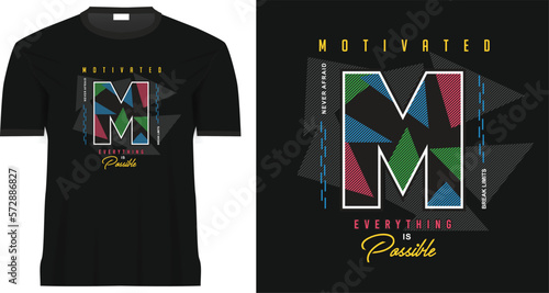 Motivated M typography design with colorful striped triangle texture and high density outline for print fashion and graphic