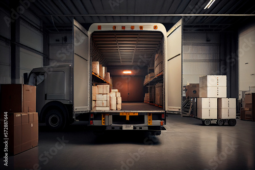 Truck for transportation stands in a warehouse with boxes and shelves, loading goods and delivering. Generative AI © VICHIZH