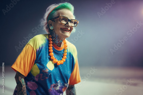 Cheerful grandmother laughing on a blurred background with weird street wear clothing with vibrant colors. Senior old woman enjoying life. Ai generative.