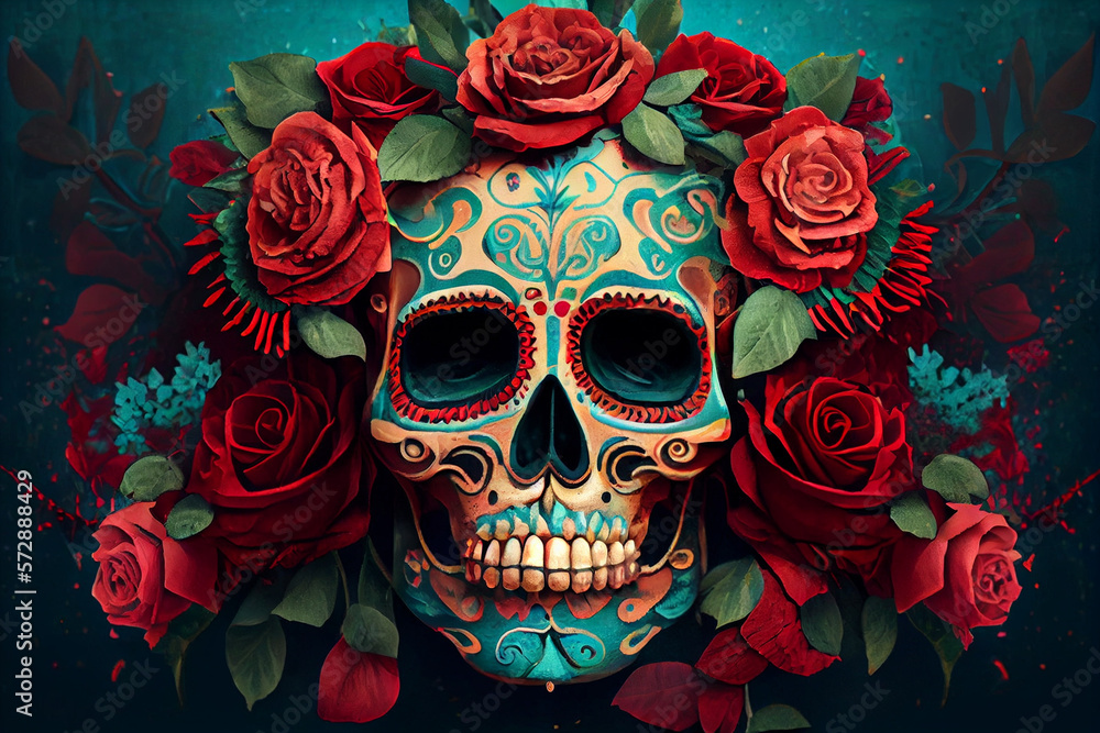 Mexican-style sugar skull and red roses decoration, Generative ai Mexican-style sugar skull and red roses decoration, Generative ai