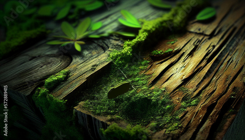 Close-up of mossy wood with fresh green leaves, symbolizing new growth and the persistent force of nature on a textured surface.