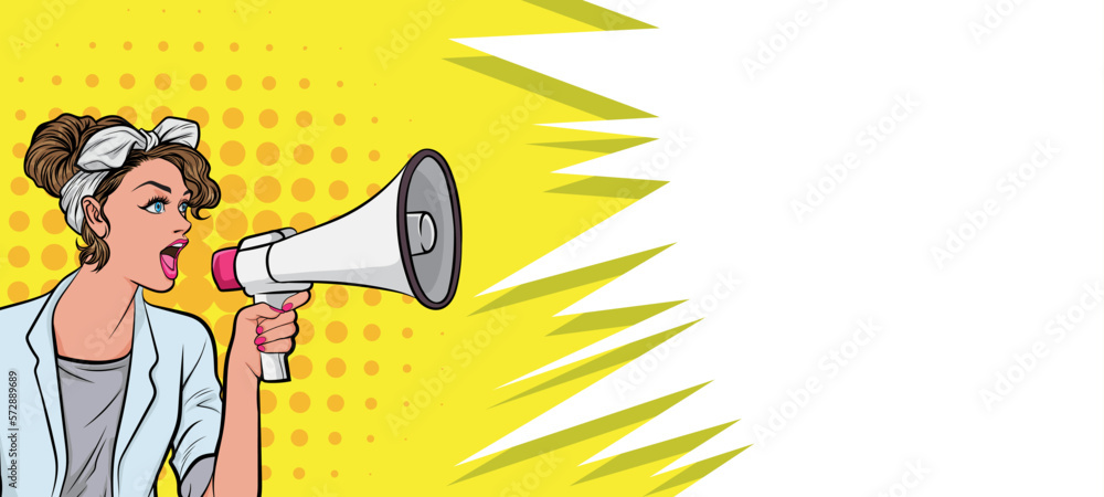 beautiful woman with megaphone pop art retro vector illustration. Woman with loudspeaker. Female announcing discount or sale. Special offer, shopping time, protest or meeting.for banner beautiful woman with megaphone pop art retro vector illustration. Woman with loudspeaker. Female announcing discount or sale. Special offer, shopping time, protest or meeting.for banner