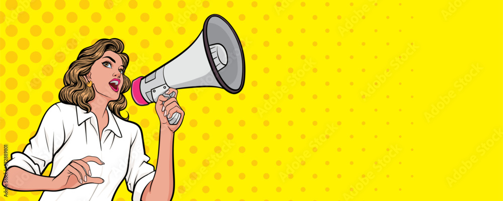 Naklejka premium beautiful woman with megaphone pop art retro vector illustration. Woman with loudspeaker. Female announcing discount or sale. Special offer, shopping time, protest or meeting.for banner