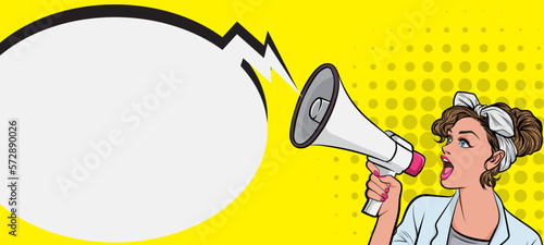 beautiful woman with megaphone pop art retro vector illustration. Woman with loudspeaker. Female announcing discount or sale. Special offer, shopping time, protest or meeting.for banner in vintage sty