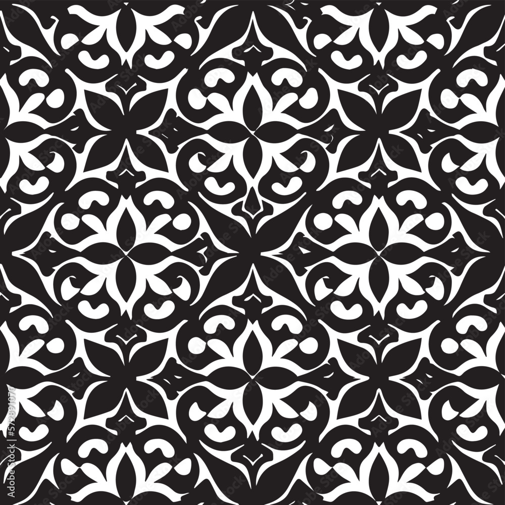Monochrome geometric design with symmetrical elements and diagonal lines complemented by antique floral shapes. The classic and ornate pattern makes a perfect decoration for a traditional or modern