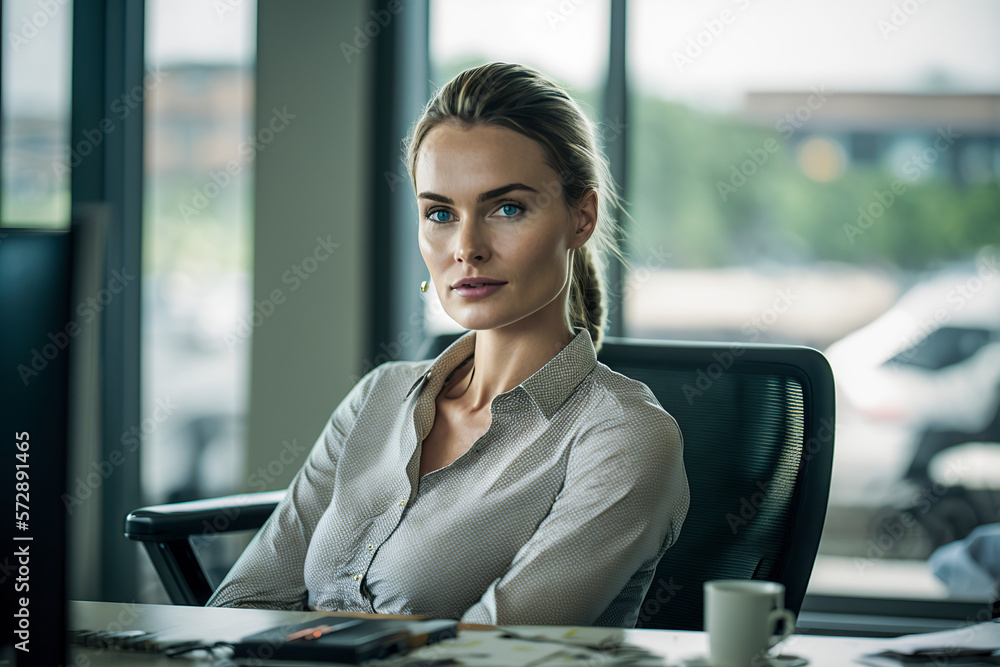 business woman sitting at desk with laptop and working on project at loft office, ai generative