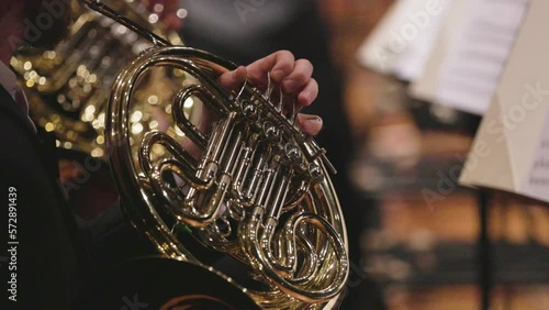 A musician playing a shiny French horn during a symphony orchestra concert