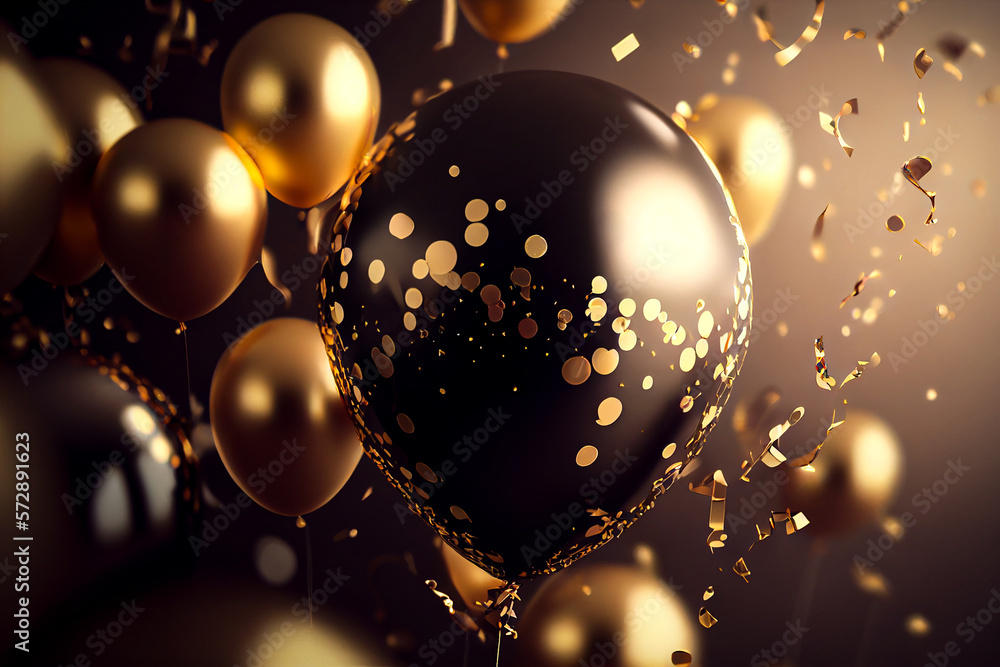 Glossy composition with golllden balloons, confetti, sparkles lights. Background for birthday, party, Christmas, promotion social media banners. Generative Ai
