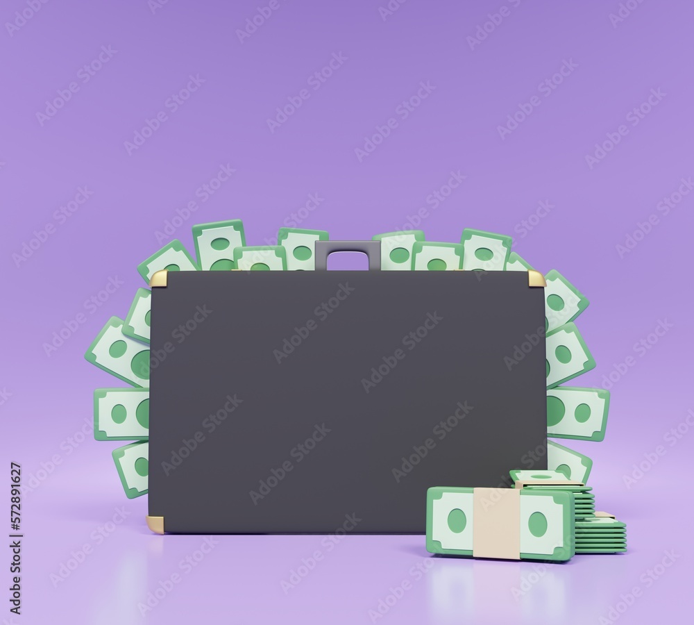 full of banknotes coming out from closed black suitcase. isolated on purple background. business money finance concept. cartoon 3d render. full of banknotes coming out from closed black suitcase. isolated on purple background. business money finance concept. cartoon 3d render.