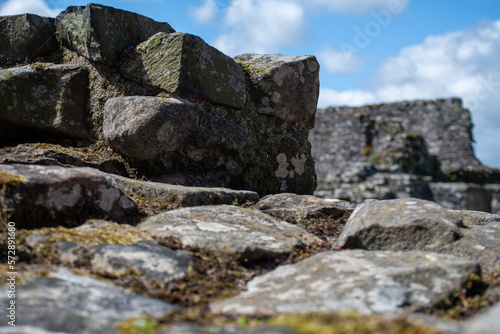 Close up of ruined walls at Lindisfarne Priory on Holy Island, Northumberland, UK