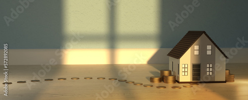 Saving to buy a house. coin path to model home with coin stack and sunlight window at sunset. Rent, mortgage, loan concept real estate value. blue background. 3d render
