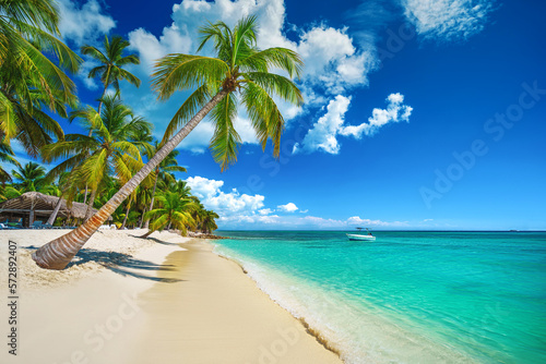 Fototapeta Naklejka Na Ścianę i Meble -  Tropical island beach shore with exotic palm trees, clear water of caribbean sea and white sand. Playa Bavaro, Saona, Punta Cana, Dominican Republic