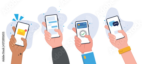 New chat messages notification on mobile phone. Sms bubbles on cellphone screen. People chatting. Vector flat design 10 eps.