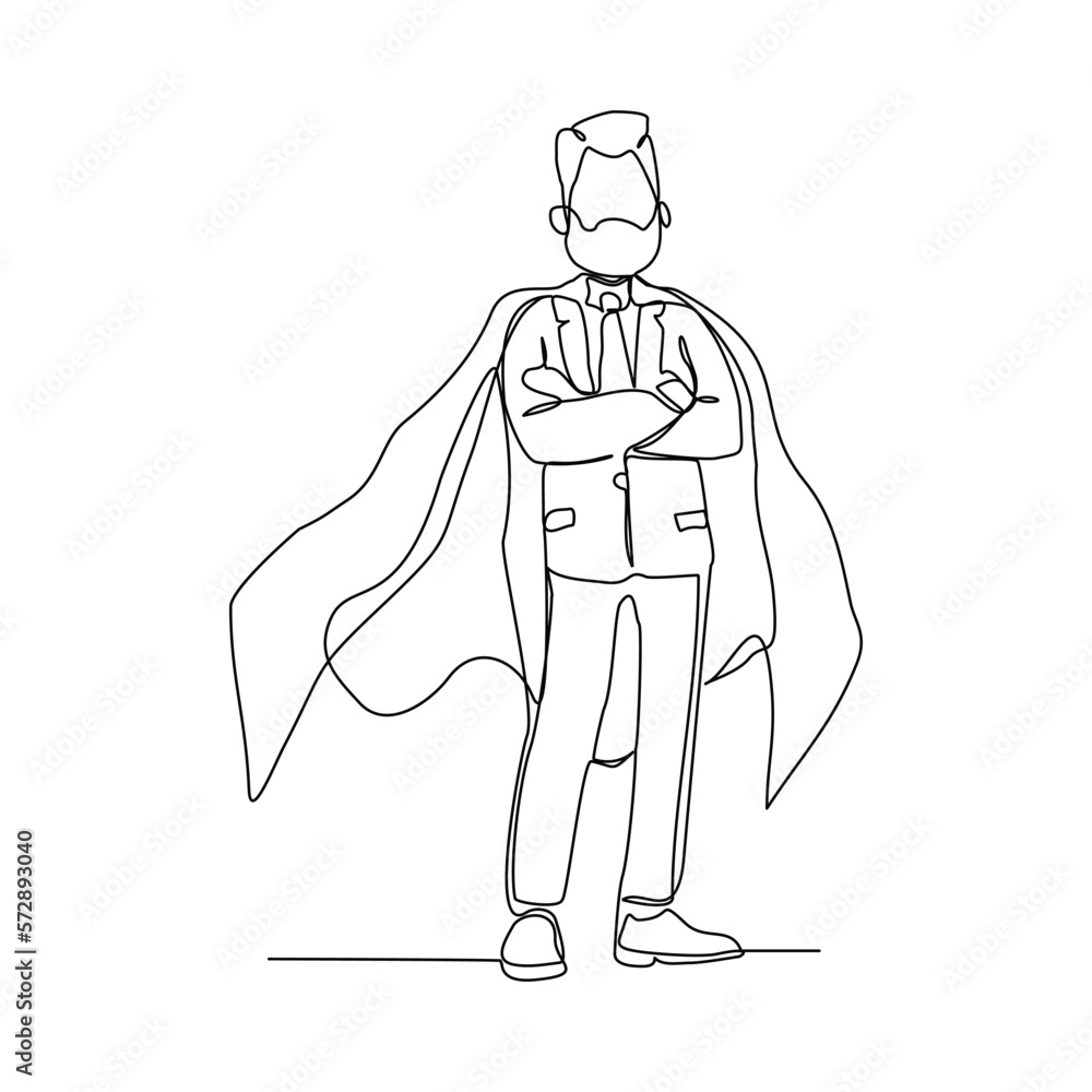 Continuous single one line drawing of standing business super hero man. Vector illustration concept of power employee, success achievement, business hero leader.