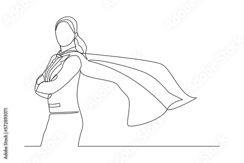 Continuous single one line drawing of standing business super hero woman. Vector illustration concept of power employee, success achievement, business hero leader.