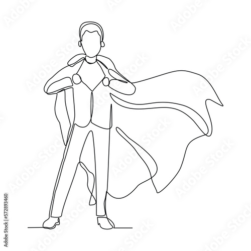 Continuous single one line drawing of standing business super hero man. Vector illustration concept of power employee, success achievement, business hero leader.