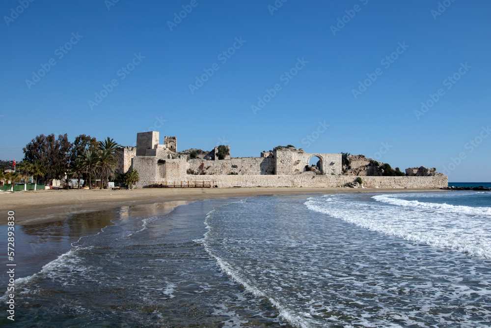 Ruins of Korykos Castle by the Kizkalesi Museum Beach in Kizkalesi town in Erdemli district of Mersin province in the southern Turkey. Ruins of Korykos Castle by the Kizkalesi Museum Beach in Kizkalesi town in Erdemli district of Mersin province in the southern Turkey.