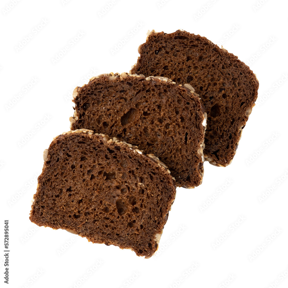 three slices of rye bread isolated on white background, top view, fresh delicious homemade healthy baking three slices of rye bread isolated on white background, top view, fresh delicious homemade healthy baking