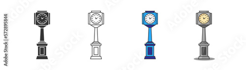 Street clock icon on light background. Time symbol. Railway, old fashioned, vintage street clock. Outline, flat and colored style. Flat design. Vector illustration.