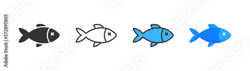 Fish icon on light background. Seafood symbol. Dead fish, salmon, swimming in water, aquarium. Outline, flat and colored style. Flat design. Vector illustration.