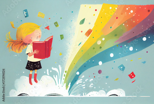 Minimalist childbook illustration blonde girl reading book with rainbow.