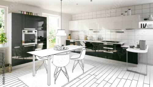 Esszimmer integriert in einer praktischen, modernen Küche - 3D Visualisierung