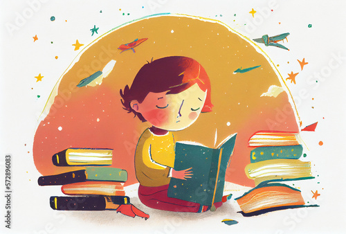 Minimalist childbook illustration redhead girl reading book
