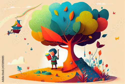 Minimalist childbook illustration boy reading book under a tree
