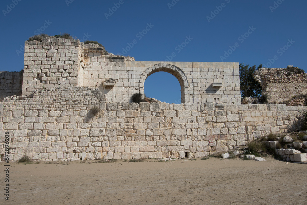 Partial view of the ruins of Korykos Castle by the Kizkalesi Museum Beach in Kizkalesi town in Erdemli district of Mersin province in the southern Turkey.