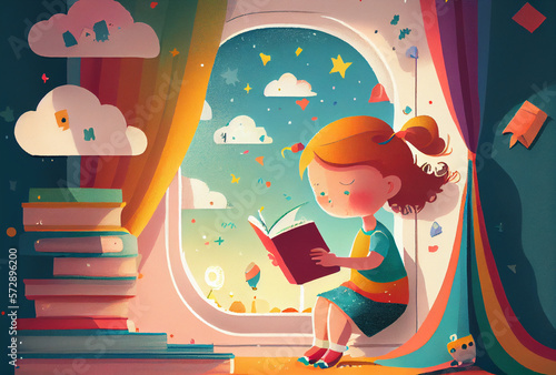 Minimalist childbook illustration blond girl reading a book near a window