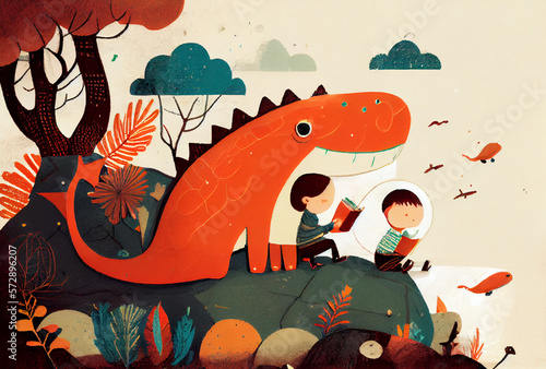 Minimalist childbook illustration boys reading book with a dinosaur © rupinder