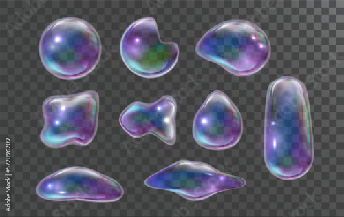 Iridescent soap bubbles of various shapes. Rainbow reflection bubbles set with glares, highlights and gradient.