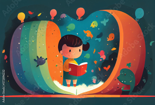 Minimalist childbook illustration girl reading book