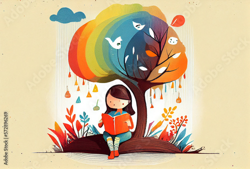 Minimalist childbook illustration girl reading book under a colorful tree