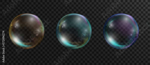 Iridescent realisticsoap bubbles with highlights and reflections of various colors. Set of transparent rainbow bubbles illustration.