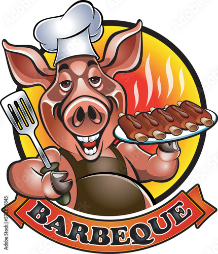 cartoon pig chef bbq grill holding spare ribs