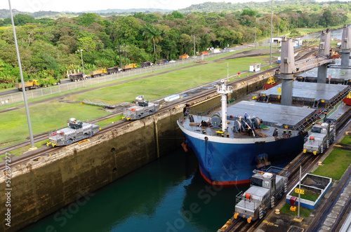 Two cargo ship transiting the Miraflores locks in the Panama Canal in Central America