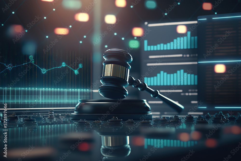 Judge gavel on background of data center. Digital law concept of