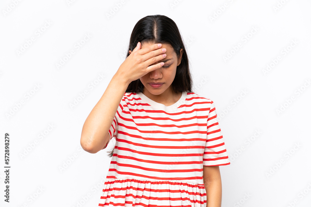 Young Colombian woman isolated on white background with headache Young Colombian woman isolated on white background with headache