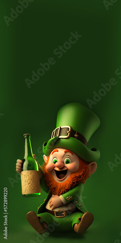 3D Render of Cheerful Leprechaun Man Holding Wine Bottle In Sitting Pose On Green Background. St. Patrick's Day Concept.