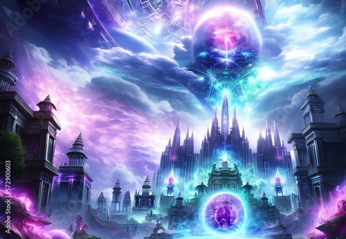 Fantasy city, immense cosmic aura, magic portal in the sky, fantasy art, Generative AI.