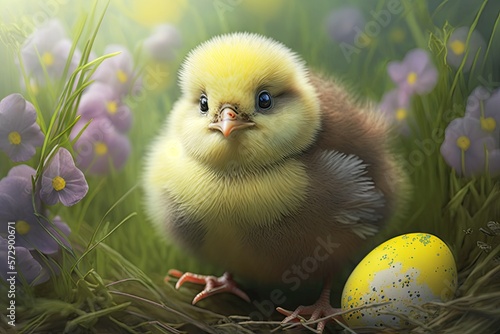 Wallpaper Mural Adorable baby chick in a spring meadow with easter eggs. Ai generative. Torontodigital.ca