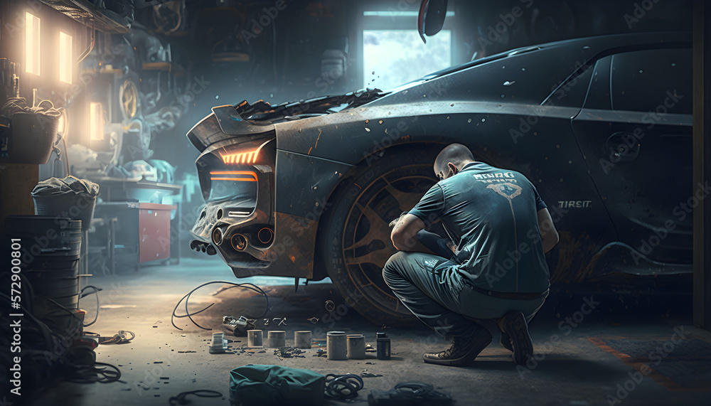 Professional mechanic working on a car in the garage, Auto car repair  service center. Stock-Illustration