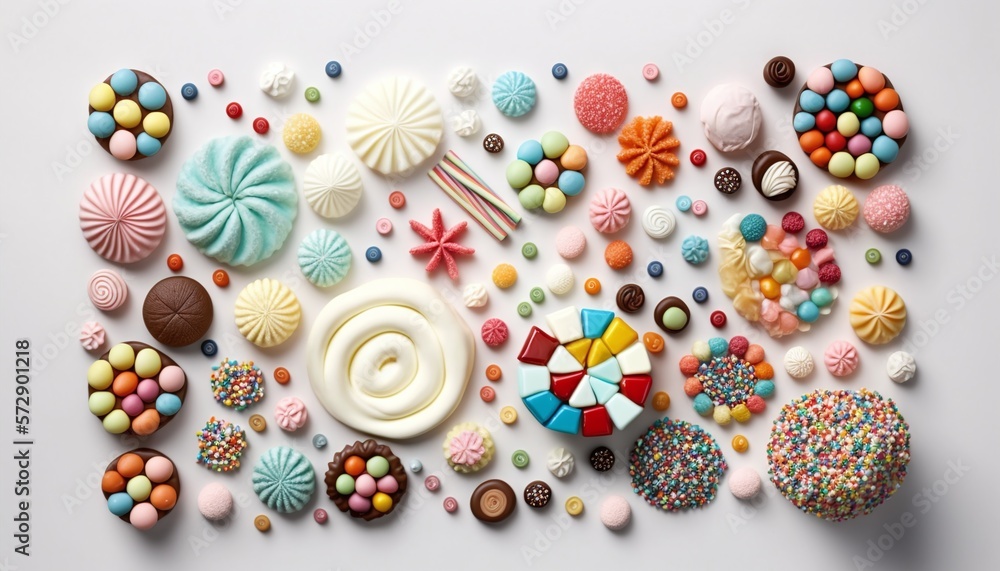 Variety of Colorful Candies are placed on a white background - obrazy, fototapety, plakaty 