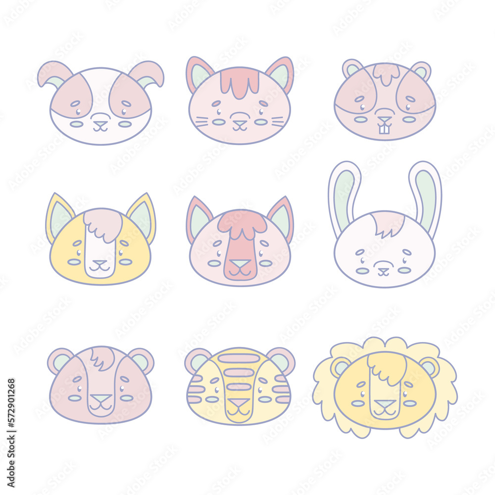 Set of vector animal faces in cartoon style. Cute smiley dog, cat, wolf, hare, fox, beaver, tiger, lion, bear. Cute animal faces. Hand drawn icon characters. Vector illustration.