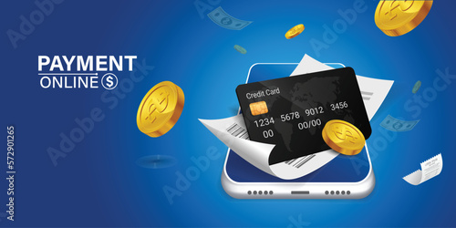 The credit card is on the smartphone and there are coins around it.Mobile payment concept without ATM or bank. Cashback via mobile application or via credit card. Paying bill using mobile phone bill.